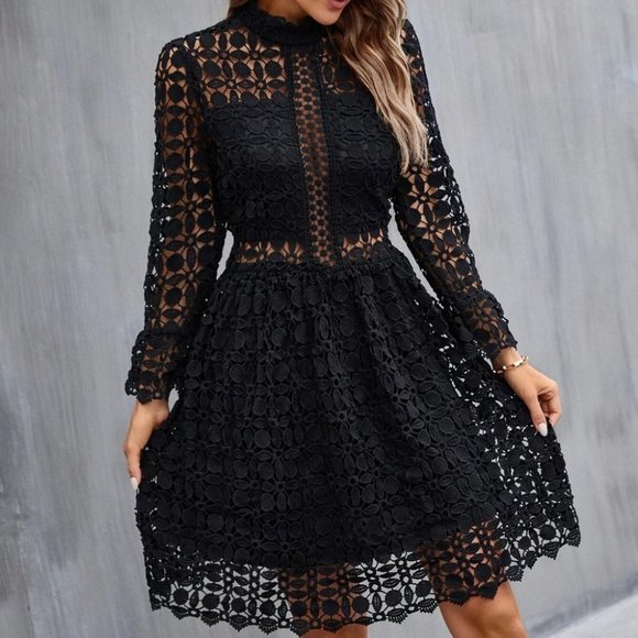 . Dresses & Skirts - Mock Neck Flounce Sleeve Lace Dress black